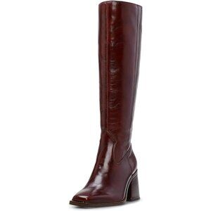 Women Maroon Polyurethane Knee High Square Toe Side Zipper Block Heel Tall Boots